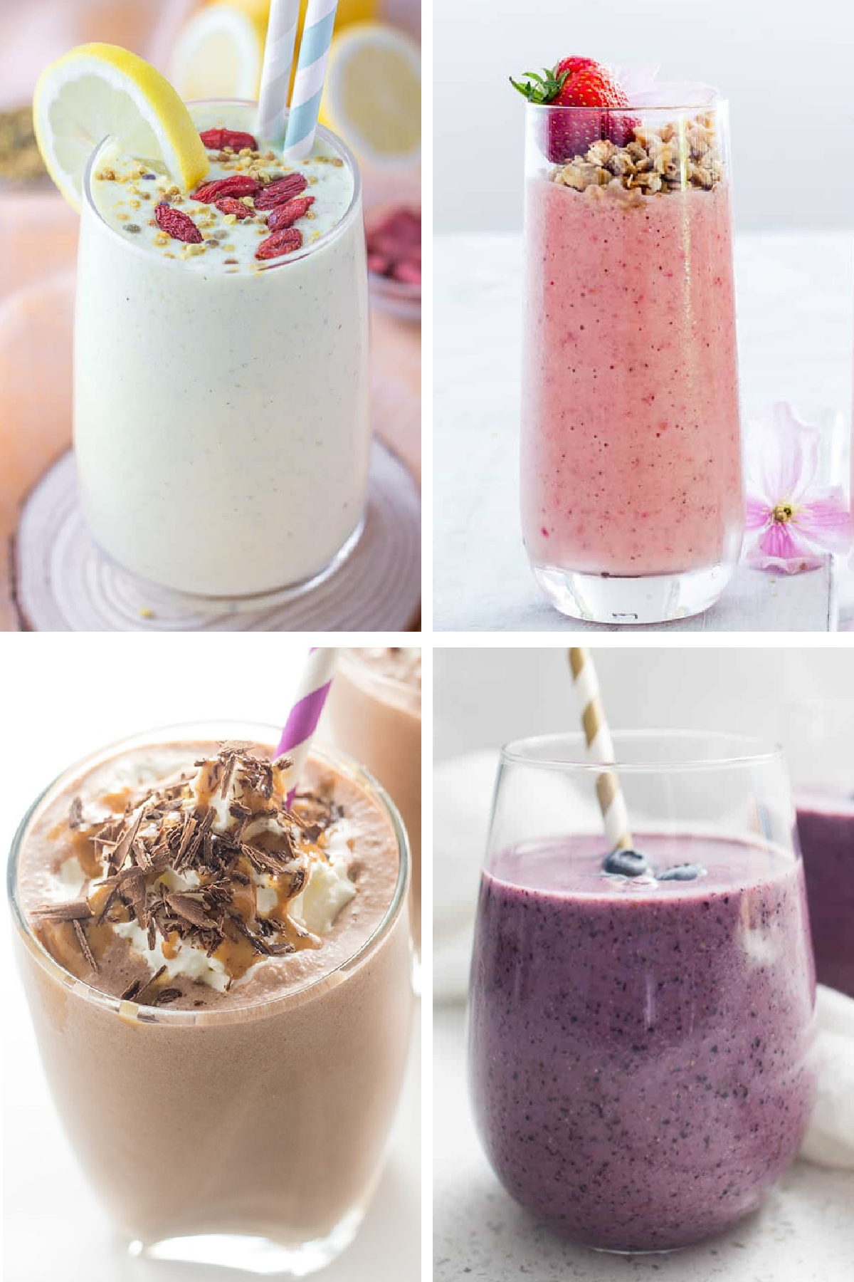Four varieties of smoothies with assorted toppings and garnishes.