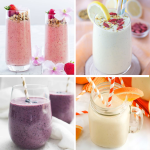 Four different fruit smoothies garnished with ingredients like flowers, lemon slices, and orange wedges.