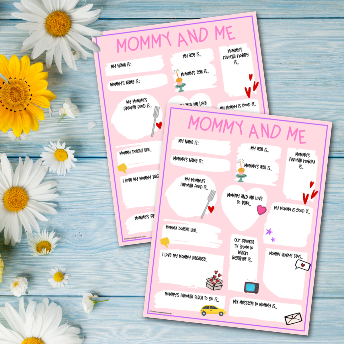 Mother's day activity sheets with "mommy and me" theme on a blue wooden background, accompanied by a yellow flower.