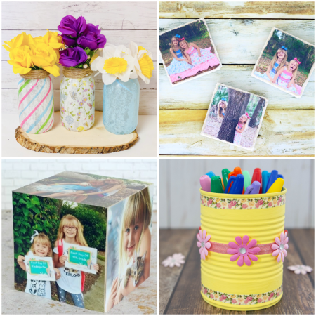 Collage of four images: colorful flowers in decorated jars for Mother's Day, photos of a young girl on wooden planks, a cube featuring children's photos, and a yellow pencil holder adorned with