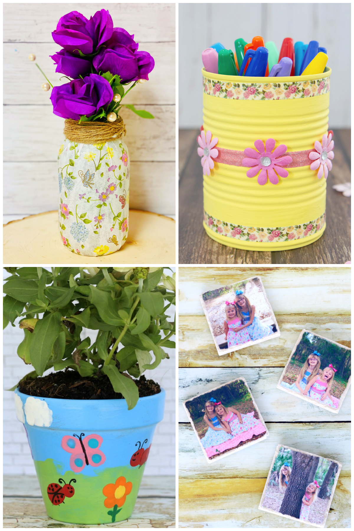 Four diy craft projects: a flower vase made from a decorated jar, a pen holder from a recycled can, a painted plant pot, and personalized photo coasters.