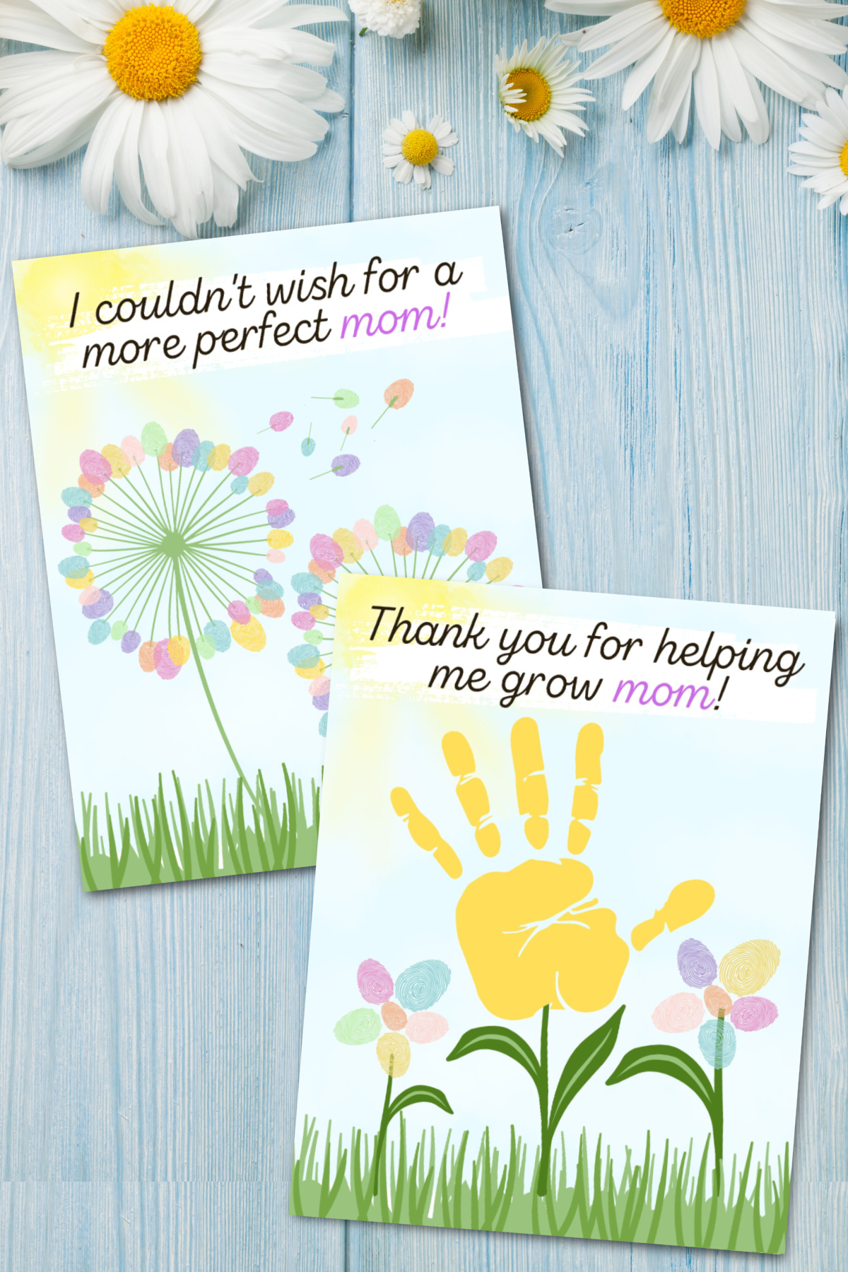 Two mother's day cards on a wooden surface, one with a floral design reading "i couldn't wish for a more perfect mom!" and another with a handprint design saying "thank you for helping me grow mom!.
