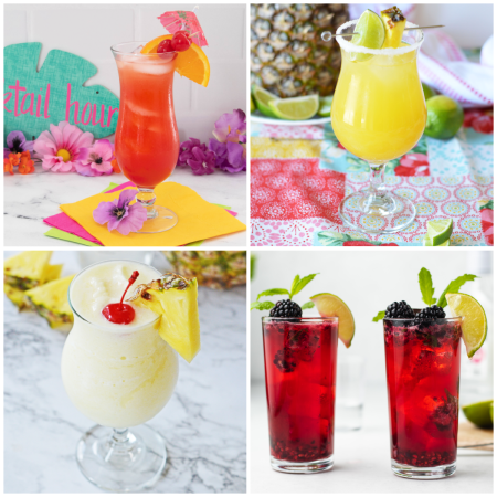 Four brightly colored refreshing cocktails garnished with fruits and served in different glasses.