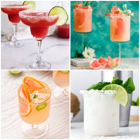 Assortment of four colorful cocktails with garnishes, including a strawberry margarita, a paloma, a cocktail with an orange slice, and a frozen lime drink.