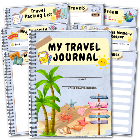 A set of spiral-bound travel journals and worksheets featuring colorful travel-themed illustrations and sections for packing lists, memories, favorites, and travel buddies.