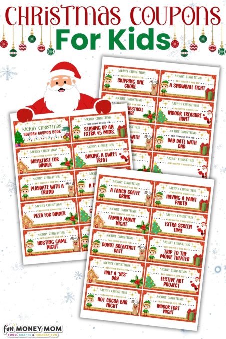 A Christmas coupon book for kids featuring various festive activities and rewards, such as extra screen time, baking treats, and family game night, with holiday-themed designs.