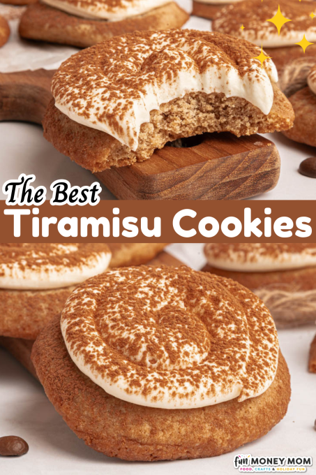 Cookies topped with cream and dusted with cocoa powder; one cookie has a bite taken out of it. Text reads: "The Best Tiramisu Cookies.