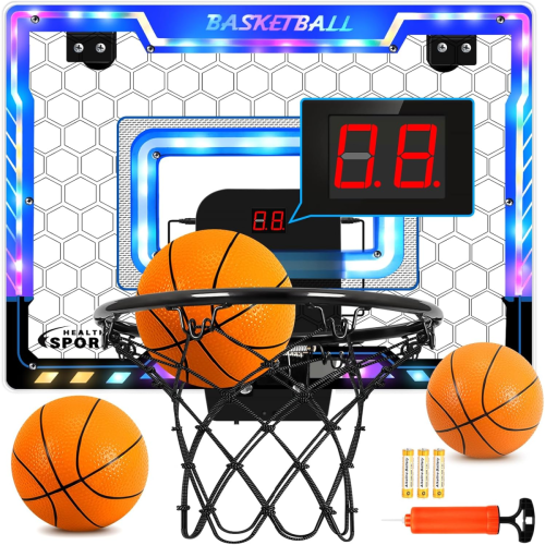 An electronic basketball hoop set with digital score display, three mini basketballs, a pump, and batteries, designed for indoor use.