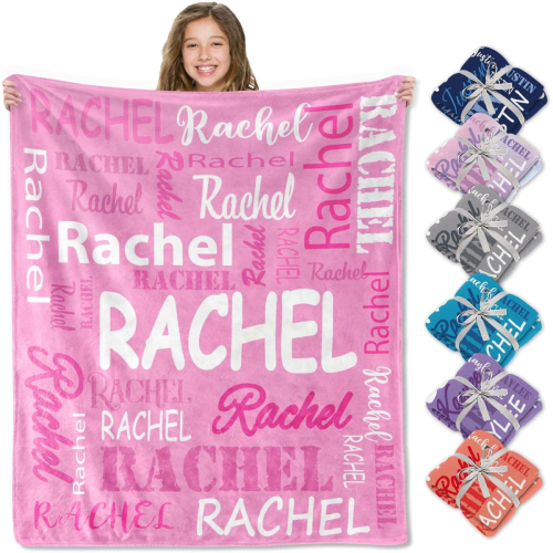 A person holds a pink blanket with the name "Rachel" in various fonts and sizes. Six folded blankets in different colors are shown on the right.