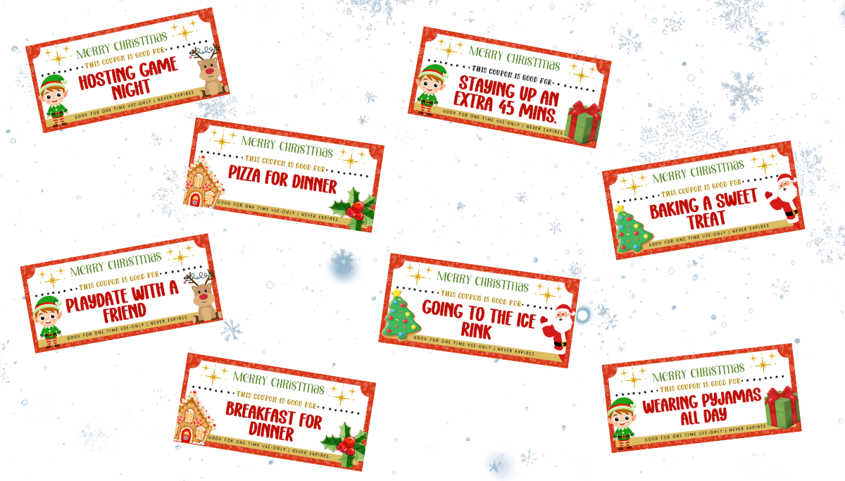 Nine colorful Christmas-themed cards with short holiday activity suggestions are arranged over a white background with scattered snowflakes.