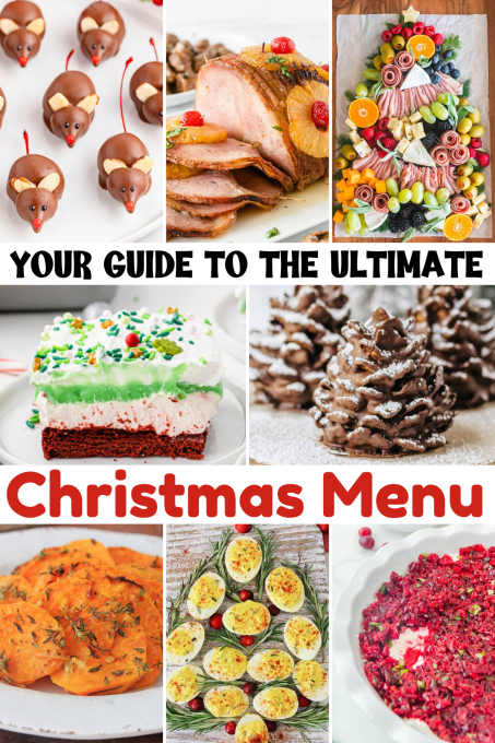A collage of Christmas dishes, including chocolate mice, ham, a fruit platter, cake, pinecone-shaped treats, sweet potatoes, deviled eggs, and a cranberry salad with festive text.