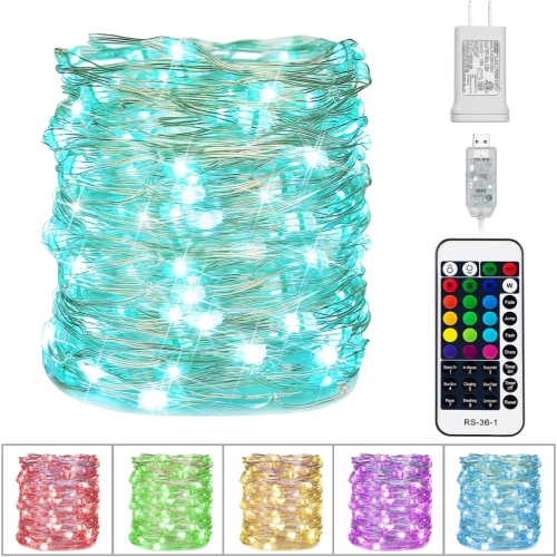 Coiled string lights with multicolor options, USB and wall power adapters, and a remote control; additional images show lights in red, green, yellow, purple, and orange.