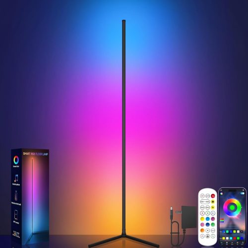 A slim vertical RGB floor lamp emits colorful light against a wall, shown with its box, power adapter, remote control, and a smartphone displaying a control app.
