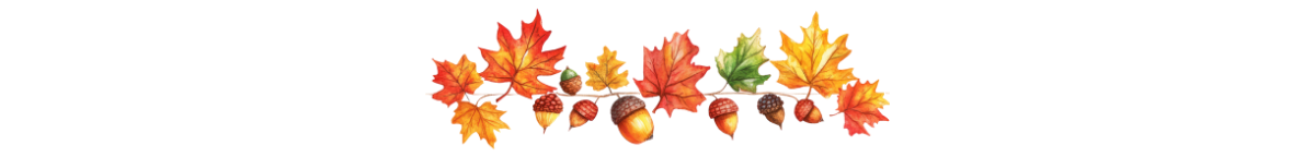 A row of autumn leaves and acorns in red, orange, yellow, and brown shades arranged along a thin branch on a white background.