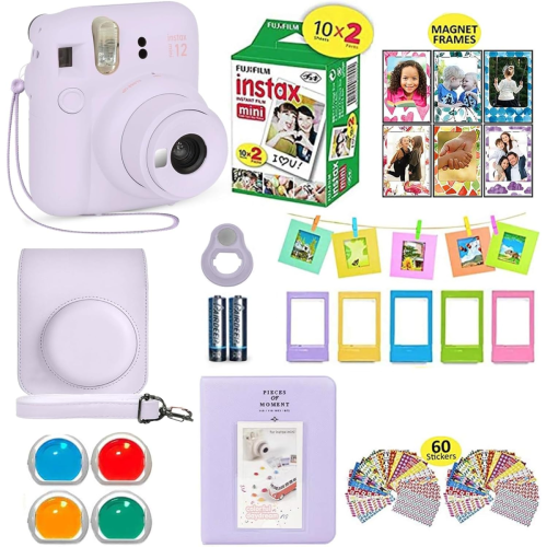 Photo kit including a pastel purple instant camera, film packs, carrying case, colored frames, hanging clips, lens filters, an album, magnet frames, and a set of decorative stickers.