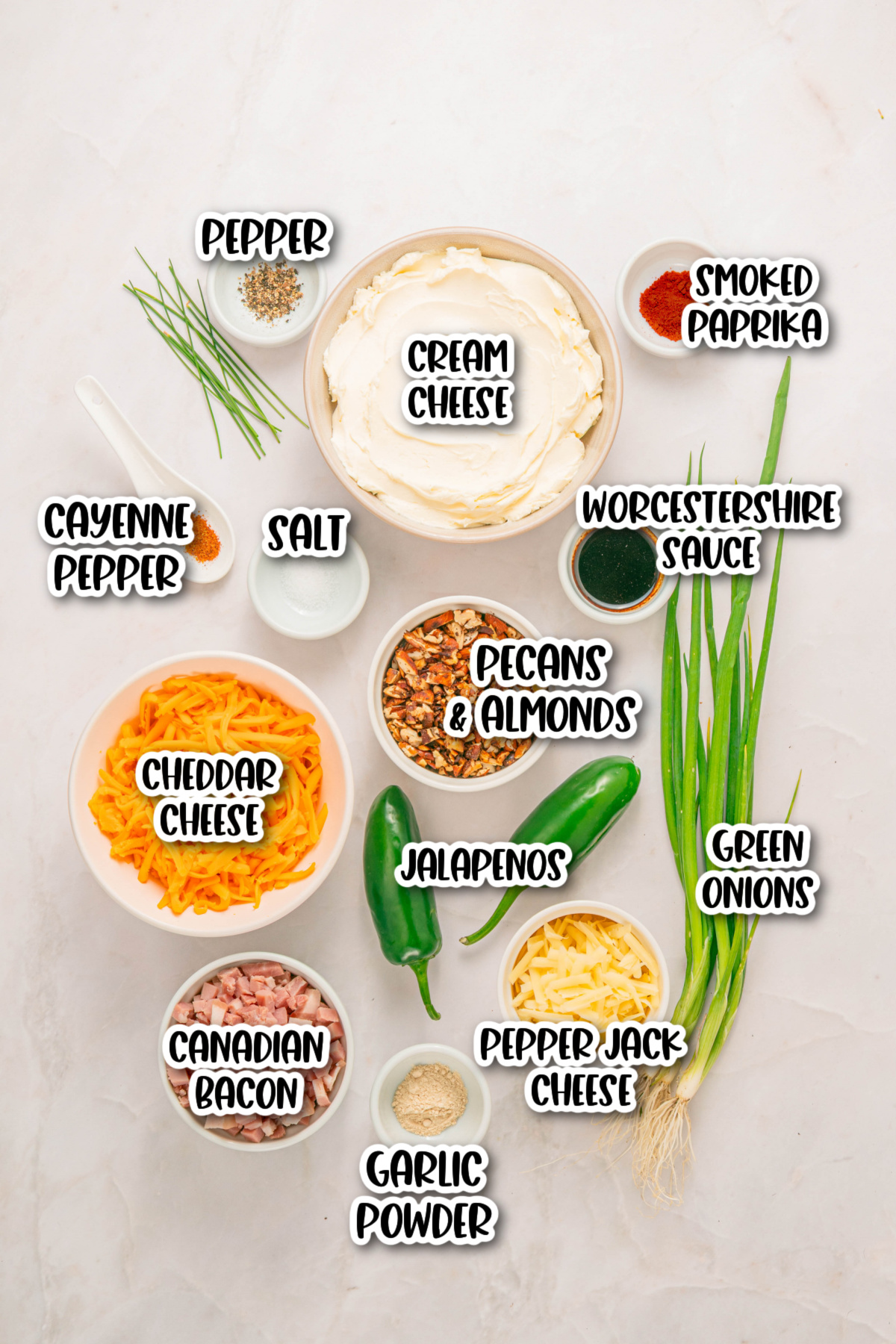 A flat lay of ingredients including cream cheese, cheddar and pepper jack cheese, pecans, almonds, jalape&ntilde;os, green onions, Canadian bacon, and various spices arranged on a light surface.