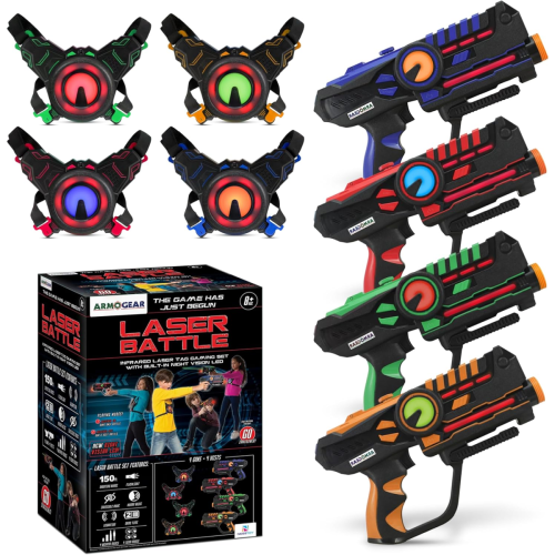 Four colored laser tag blasters and four matching vests are arranged beside the product box, which shows the set in use and product details.