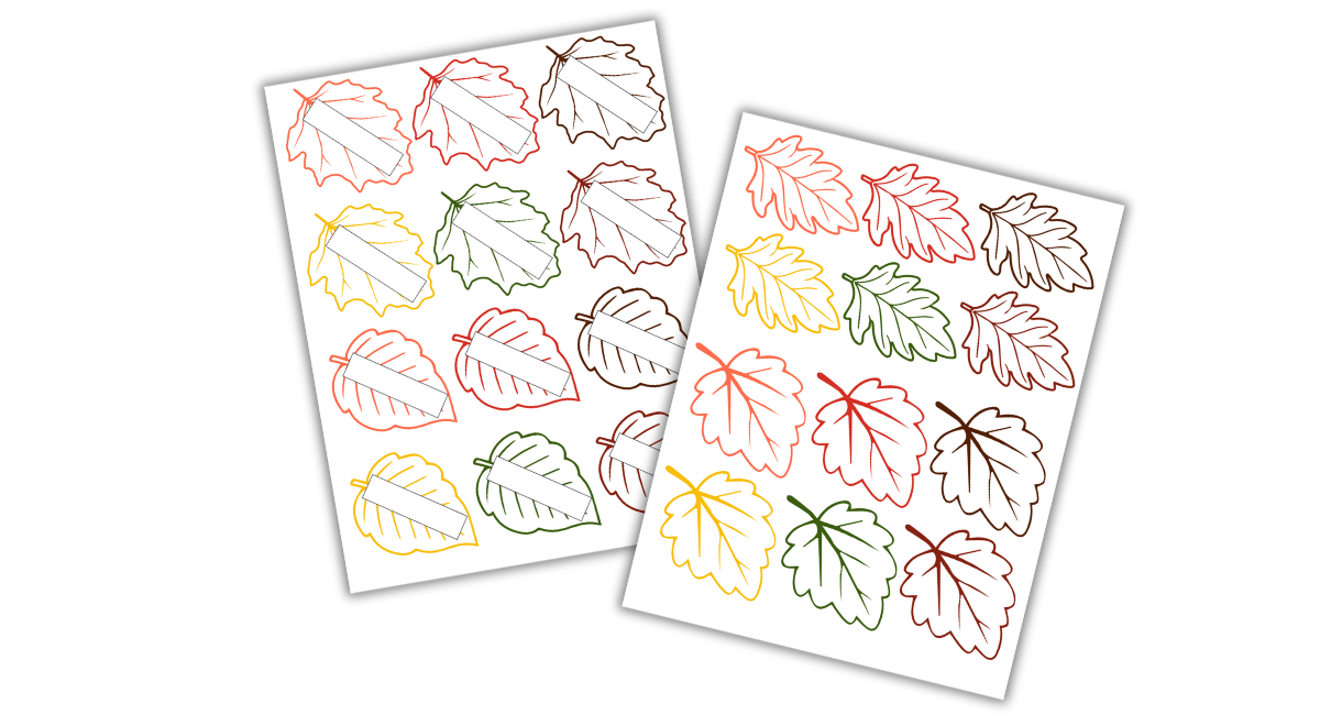 Two sheets of paper display rows of outlined leaves in various fall colors, with some leaves left uncolored and others fully outlined.
