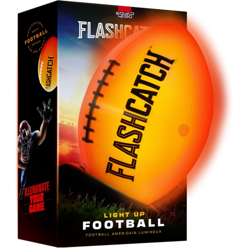A box containing a light-up football labeled "FLASHCATCH" with an image of the football glowing and a football player in the background.