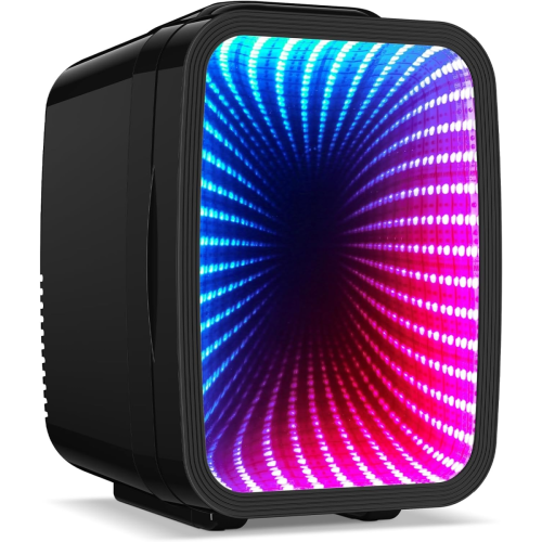 A black rectangular device featuring a tunnel-like infinity mirror effect with blue and pink LED lights on its front panel.