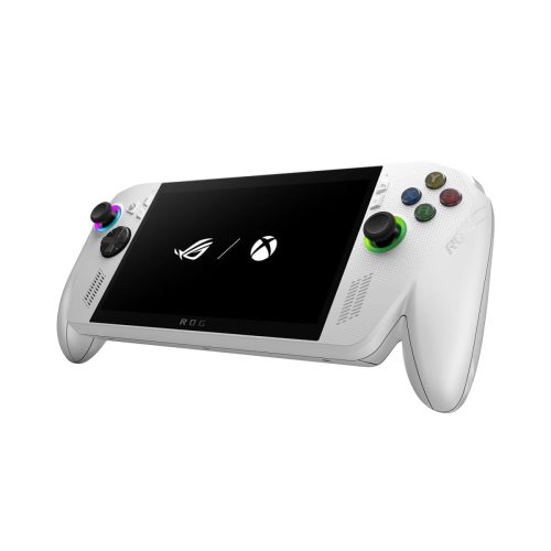 A white handheld gaming console with a screen displaying the ROG and Xbox logos, featuring colorful joystick and button controls.