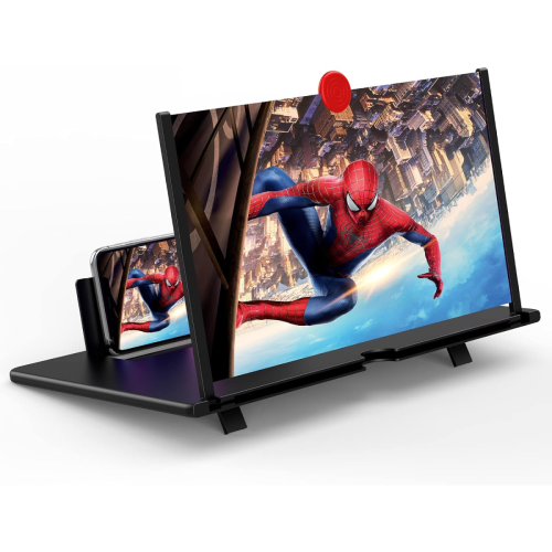 A smartphone screen magnifier displays an enlarged image of Spider-Man climbing a building, with the phone placed behind the magnifier on a stand.