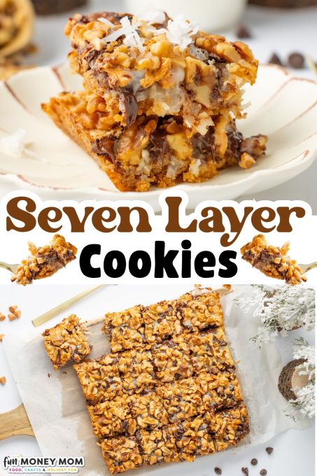 A plate with a square of seven layer cookie bar topped with coconut and nuts, and a batch of similar bars on parchment paper. Text reads "Seven Layer Cookies.