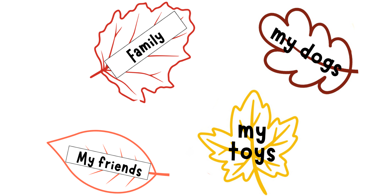 Four illustrated leaves, each labeled with text: "Family," "my dogs," "My friends," and "my toys.