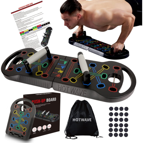 A man does push-ups using a multi-colored push-up board set with handles, instruction sheet, carry bag, and extra accessories displayed around the main product.