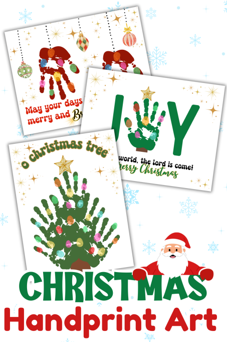 Three Christmas-themed handprint art posters with festive decorations, Christmas messages, and a cartoon Santa at the bottom above the text "CHRISTMAS Handprint Art.