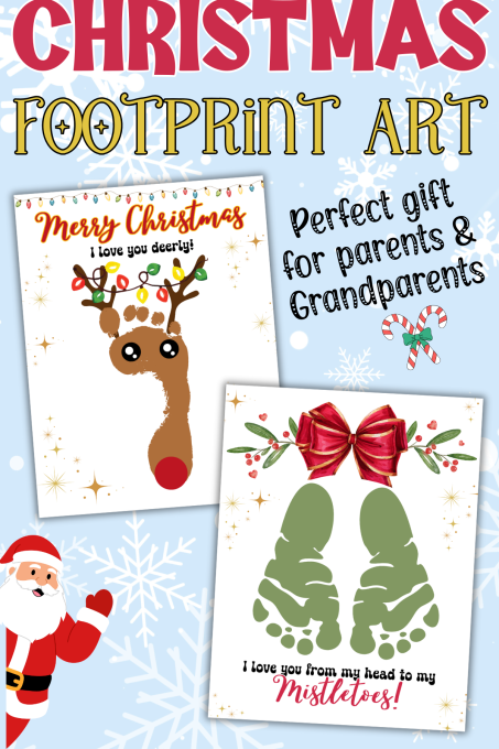 Two Christmas-themed footprint art examples for kids, featuring a reindeer and mistletoe design, with text suggesting they are a perfect gift for parents and grandparents. Santa graphic is in the corner.