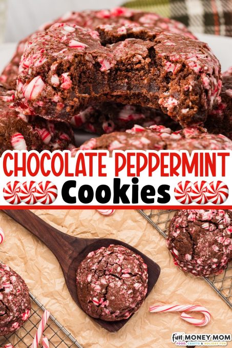 Chocolate peppermint cookies with crushed candy cane pieces, one with a bite taken out, displayed on a plate and cooling rack alongside candy canes.