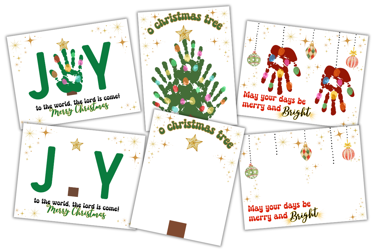 Six Christmas-themed greeting card designs featuring handprint art, glittery stars, and festive ornaments, with cheerful holiday messages and tree motifs.