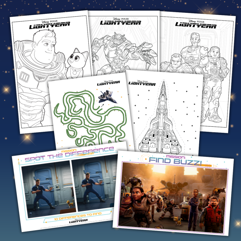 A set of printable Lightyear-themed activity sheets, including coloring pages, a maze, a spot-the-difference, and a character search, displayed on a starry background.
