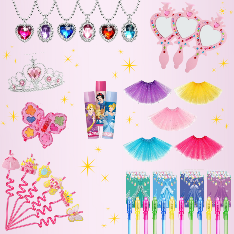 Assorted princess-themed accessories including necklaces, tiara, mirrors, skirts, wands, hair clips, bubble tubes, straws, and two bottles of shampoo on a pink star-patterned background.