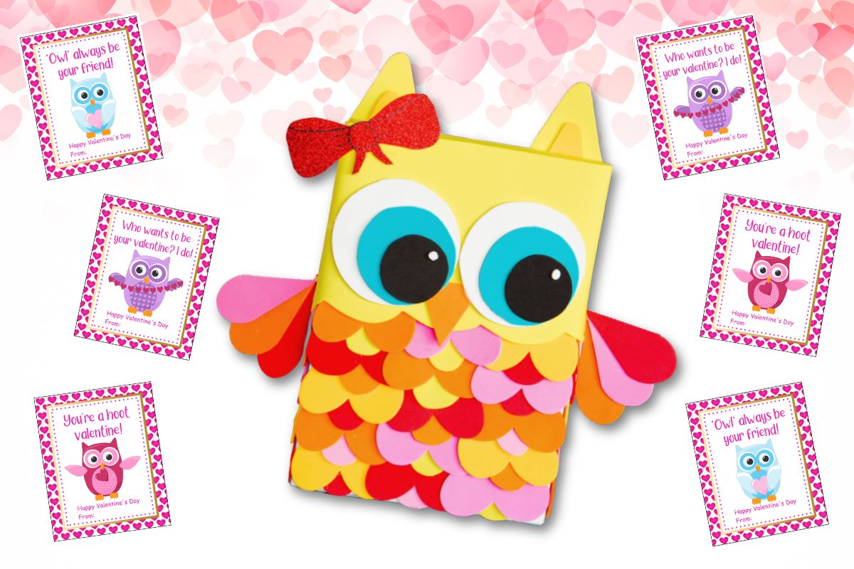 A yellow and pink owl craft with a red bow is surrounded by six Valentine&rsquo;s cards featuring cartoon owls and heart-themed designs.