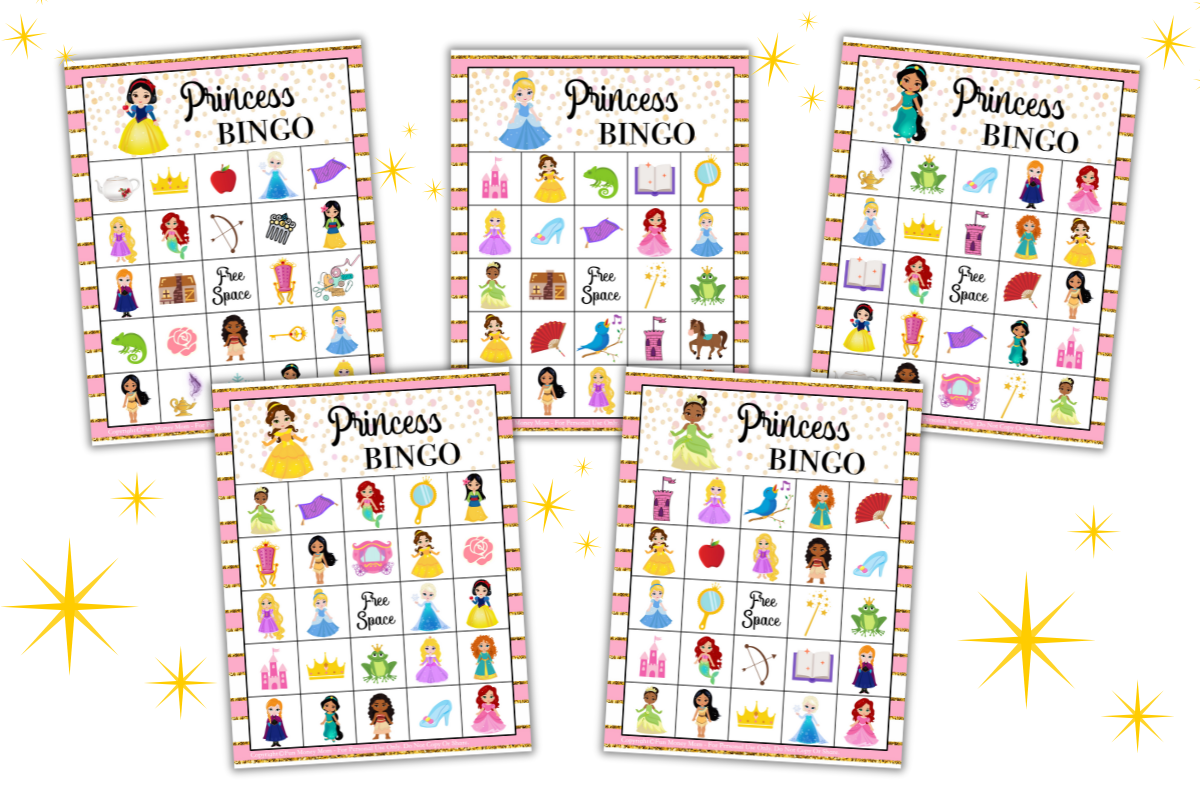 Five Princess Bingo cards are arranged against a white background with gold star accents, each displaying various princess-themed icons and illustrations in a grid layout.