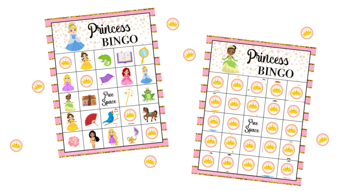 Two "Princess Bingo" game cards with princess-themed images and crown markers on a white background. One card is partially played, the other is blank except for the free space.