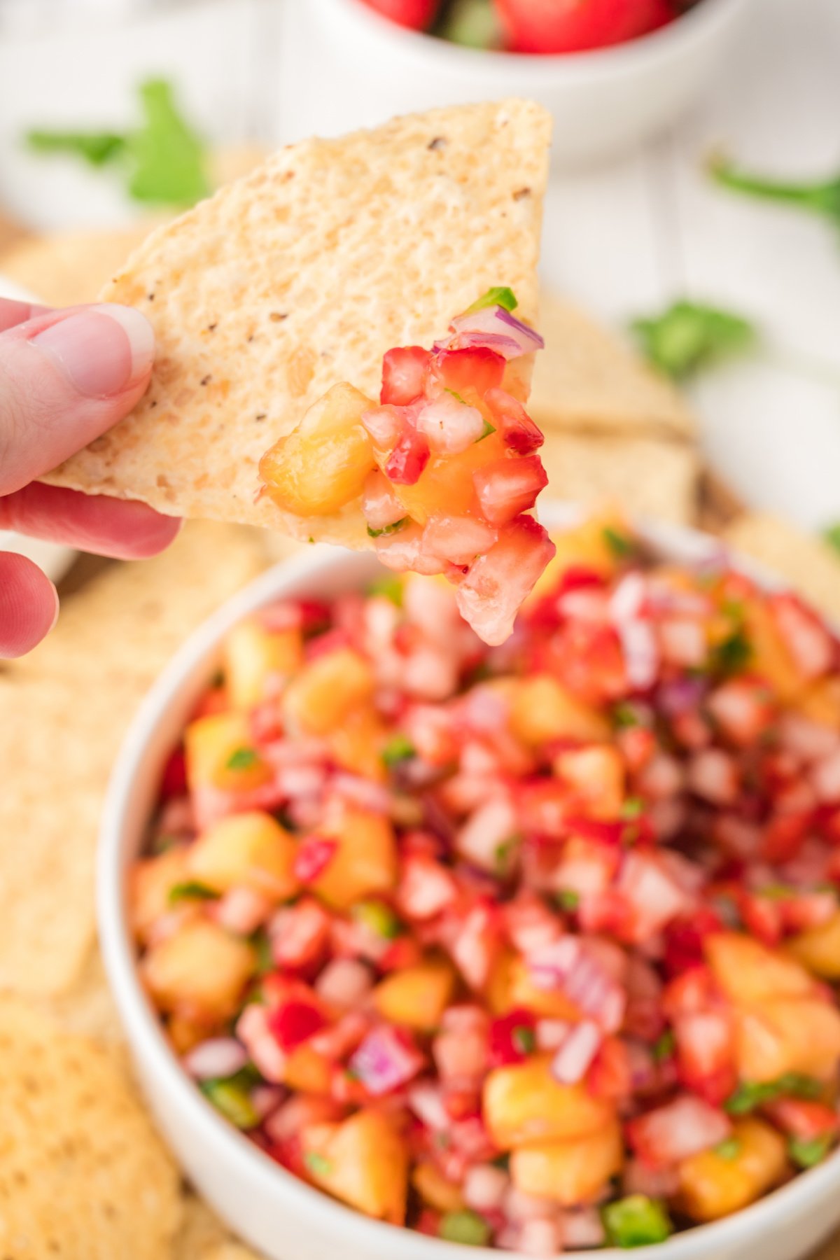 A hand holds a tortilla chip topped with chunky salsa, with a bowl of salsa and more chips in the background.