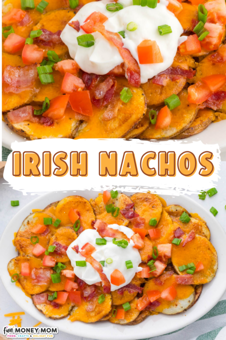 Plate of Irish nachos made with sliced potatoes, melted cheese, chopped tomatoes, bacon, green onions, and a dollop of sour cream.