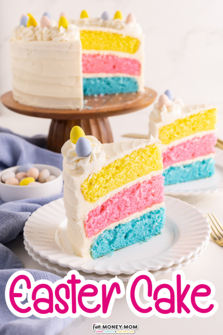 A three-layer cake with blue, pink, and yellow layers, frosted in white icing and topped with pastel egg candies, served on white plates.