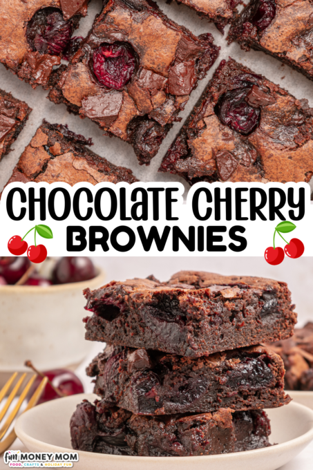 Close-up of chocolate cherry brownies, some cut into squares on a plate and others stacked, with visible chocolate chunks and cherries. Text overlay reads "Chocolate Cherry Brownies.