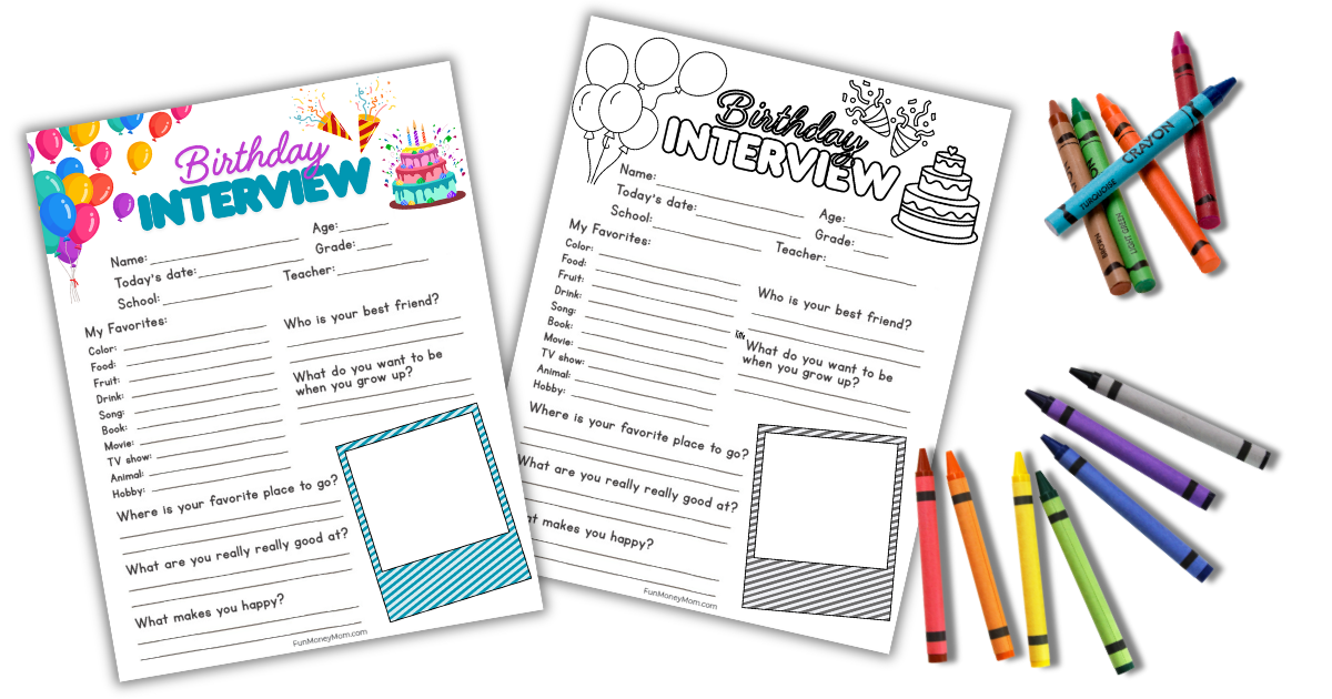 Two birthday interview worksheets, one in color and one in black and white, are displayed next to a set of colorful crayons.