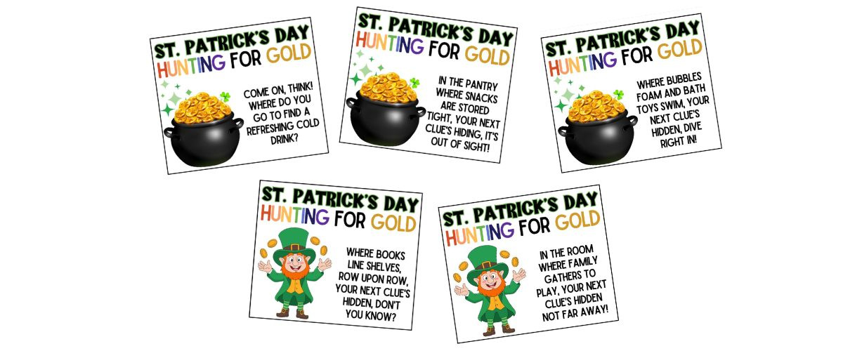 A collection of cards with words and images of leprechauns.