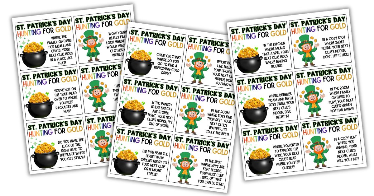 Three sheets of St. Patrick's Day scavenger hunt clue cards, each featuring a leprechaun, a pot of gold, and colorful text with instructions for hunting for gold.
