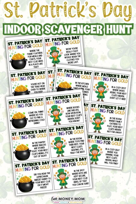 St. Patrick’s Day indoor scavenger hunt cards with clues, illustrations of leprechauns and pots of gold, and green-themed decorations.
