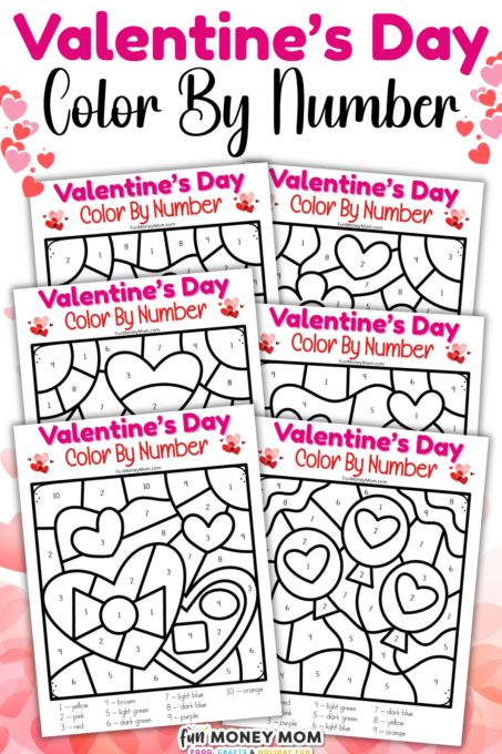 Six Valentine's Day color-by-number worksheets featuring hearts, cupcakes, and envelopes, with numbers indicating which colors to use for each section.
