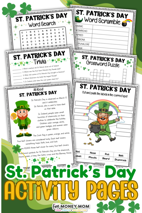 A collection of St. Patrick's Day-themed activity sheets for kids, including a word search, word scramble, trivia, crossword puzzle, and a leprechaun coloring page.