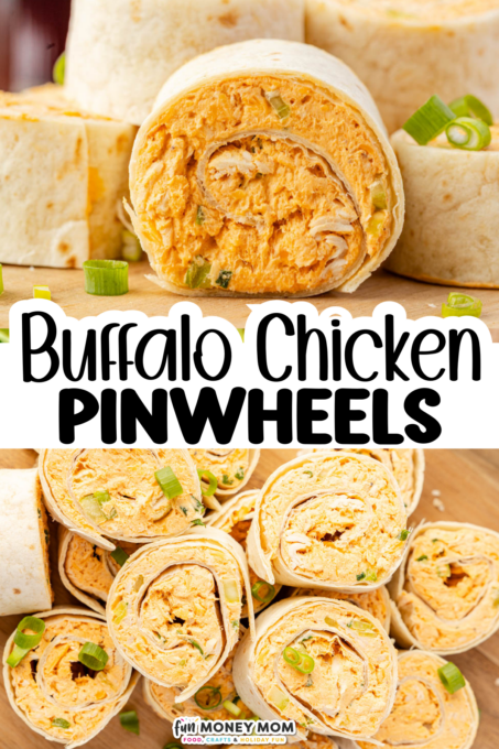 Close-up of buffalo chicken pinwheels, sliced and arranged on a wooden surface, garnished with chopped green onions. Large text overlay reads "Buffalo Chicken Pinwheels.