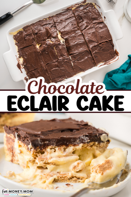 A chocolate eclair cake with a chocolate frosting top layer, creamy filling, and graham cracker crust, shown sliced in a baking dish and served on a plate.